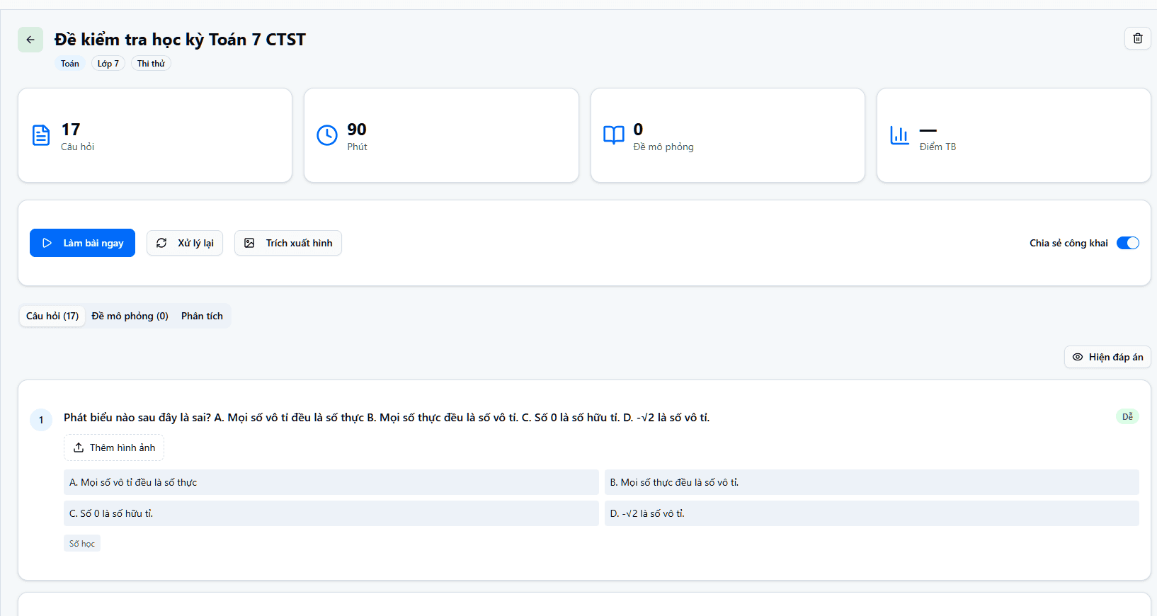 Giao diện làm đề thi